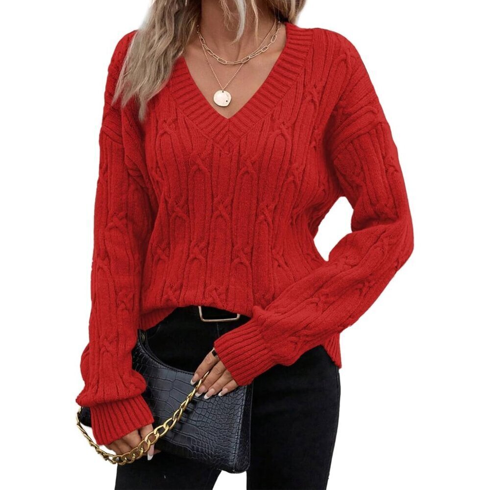 Women's Cable Knit Sweater V Neck Long Sleeve Casual Fall Outfit Lightweight